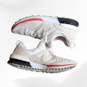 New Balance Men's White Cream and Black Sneakers with Red Accent
